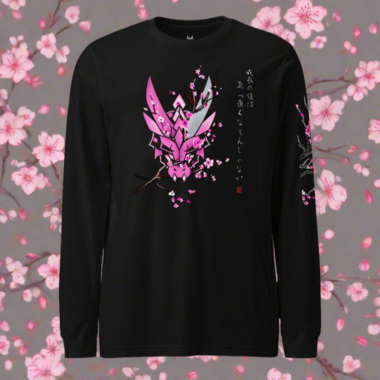 A black long sleeve shirt with a design that features a stylized dragon head with cherry blossoms surrounding it. Japanese text on the shirt translates to "Growth is non-linear"