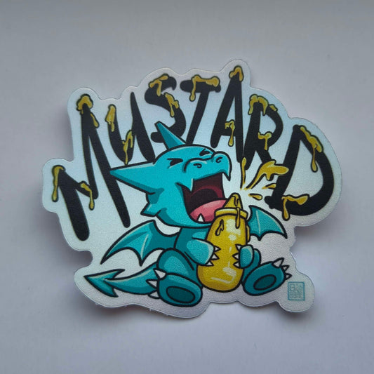 A special iridescent effect sticker with a cartoon dragon holding a mustard bottle with the word "MUSTARD" written on the background with mustard sauce everywhere. 