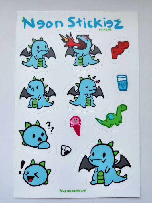 A sticker sheet with 11 small stickers featuring Neon and his favorite things.