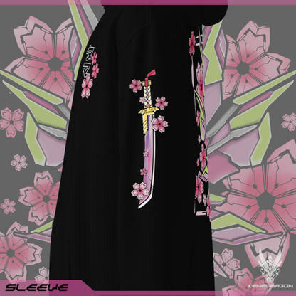 The sleeve of the black hoodie shows a design of a stylized sword with geometric japanese cherry blossoms within the background. Designed by XeneDragon