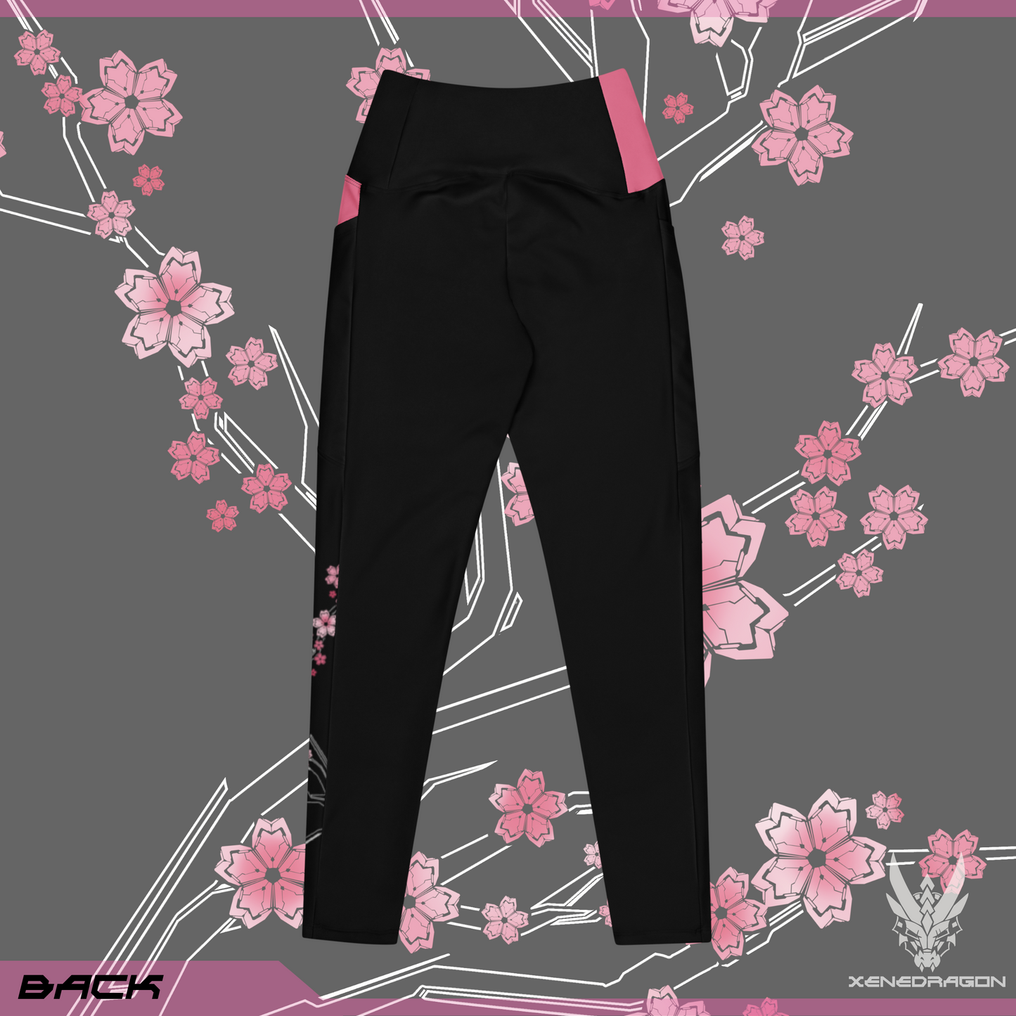 The back of the pair of black leggings with pink accents and geometric Japanese cherry blossom pattern design.