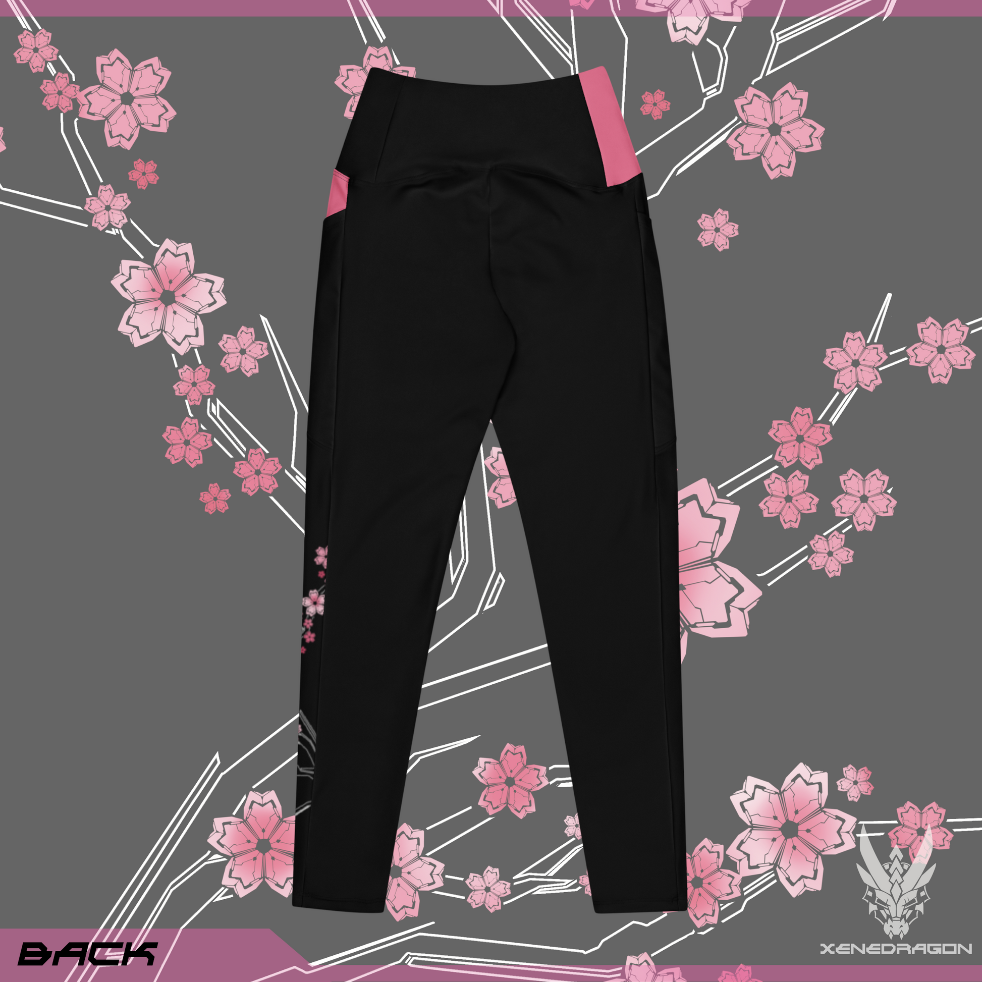 The back of the pair of black leggings with pink accents and geometric Japanese cherry blossom pattern design.