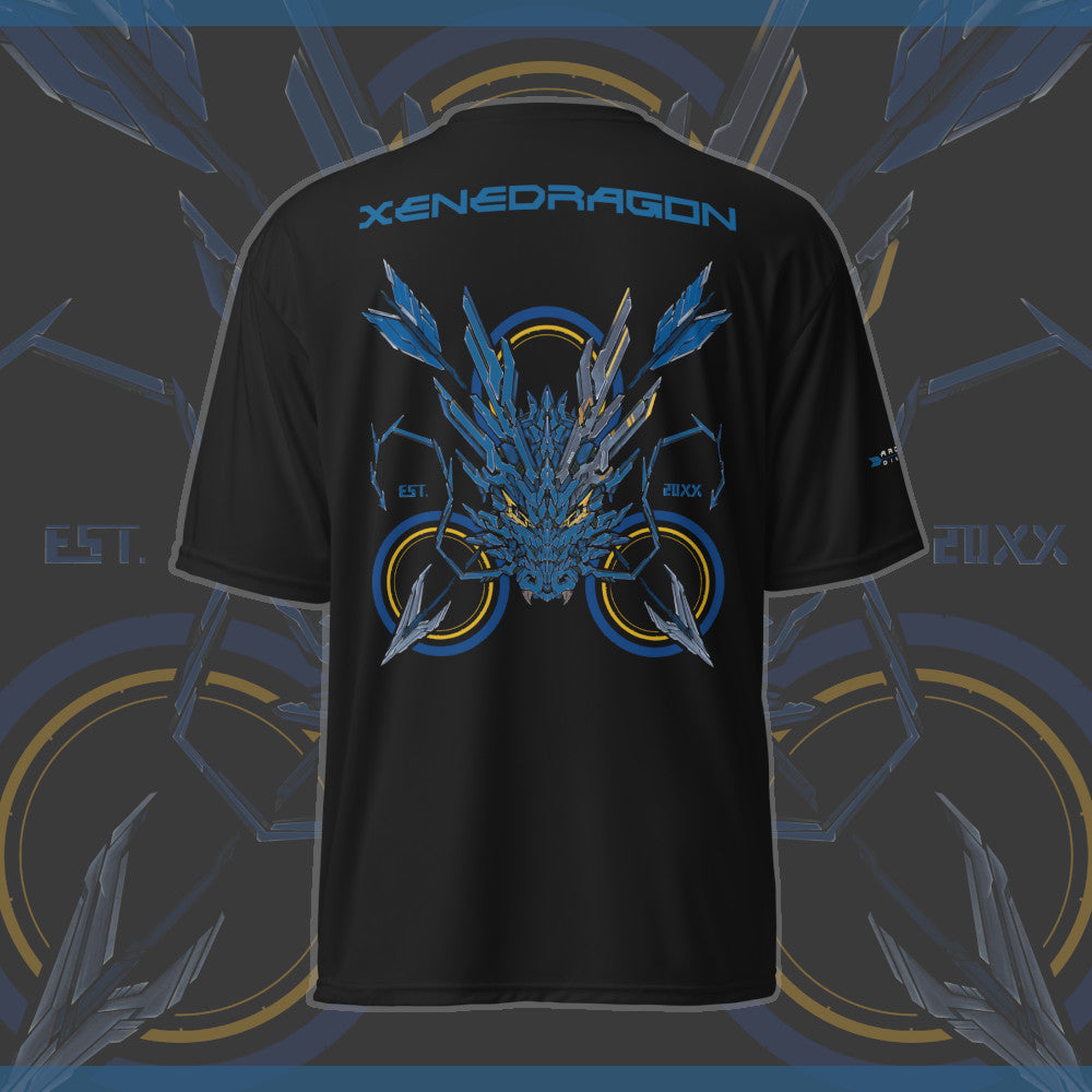 The back of an athletic shirt with a blue themed mechanized dragon head with a target and arrows behind it, the text says "XENEDRAGON EST. 20XX"