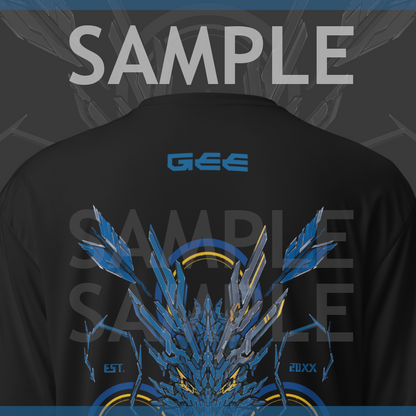 A sample of the back of an athletic shirt with a blue mechanized dragon head with a target and arrows behind it, the text says "XENEDRAGON EST. 20XX" The text above says "SAMPLE" and the example name on the shirt says "GEE" in blue color