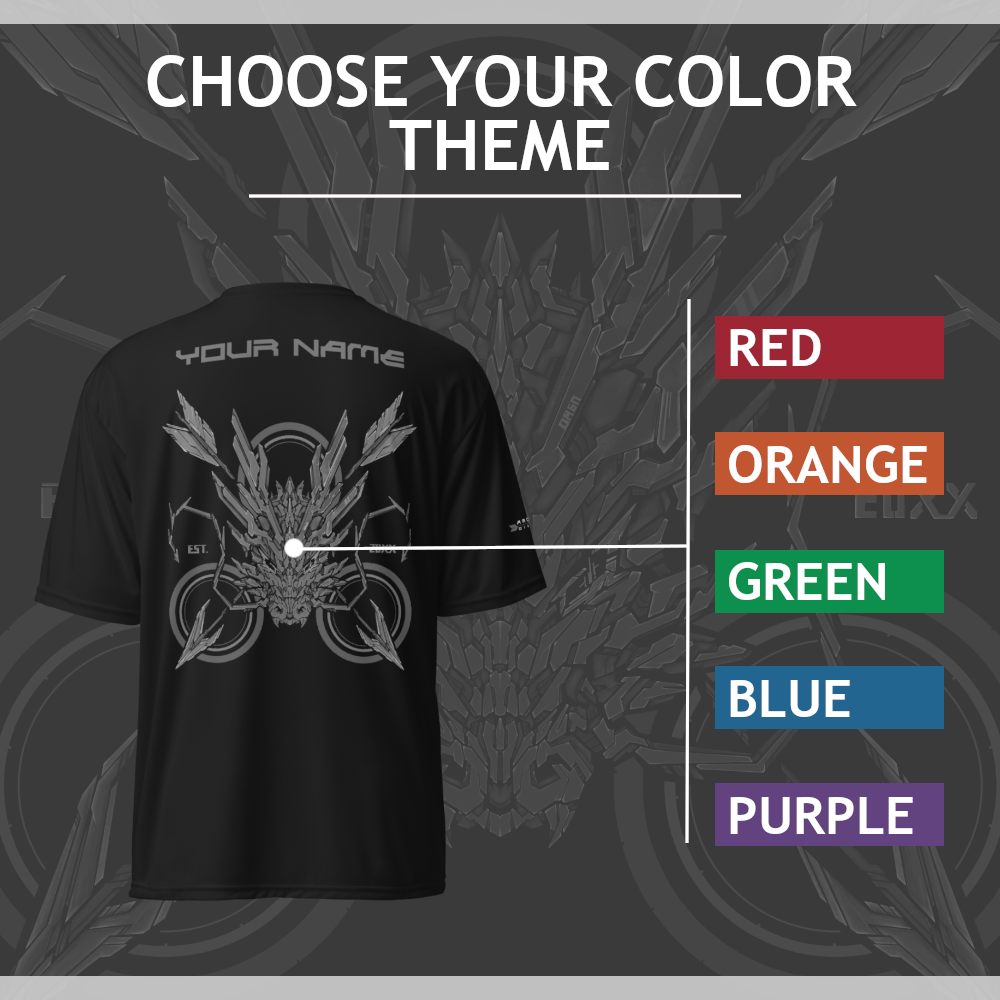 A sample of the back of an athletic shirt with a mechanized dragon head with a target and arrows behind it, the text says "XENEDRAGON EST. 20XX" The text above says "CHOOSE YOUR COLOR THEME" and has a graphic that shows the available colors red, orange, green, blue,  purple