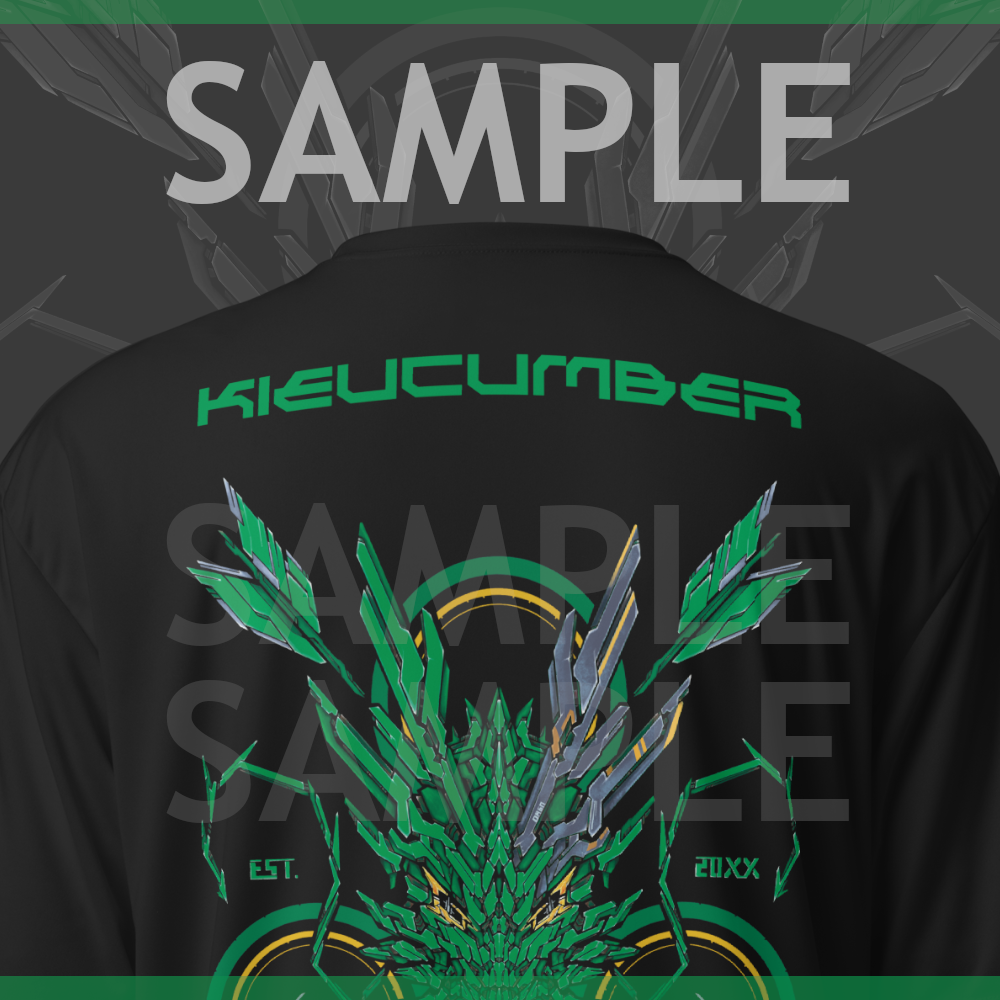 A sample of the back of an athletic shirt with a green mechanized dragon head with a target and arrows behind it, the text says "XENEDRAGON EST. 20XX" The text above says "SAMPLE" and the example name on the shirt says "KIEUCUMBER" in green color