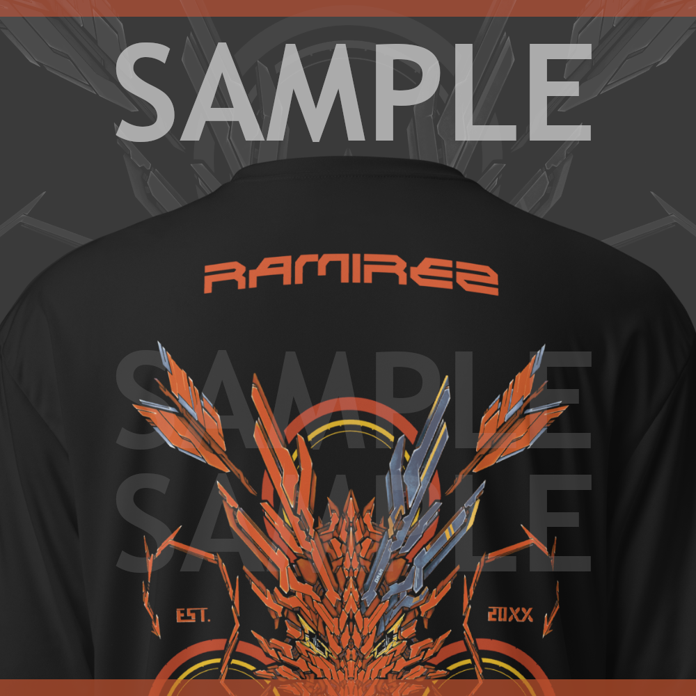 A sample of the back of an athletic shirt with an orange mechanized dragon head with a target and arrows behind it, the text says "XENEDRAGON EST. 20XX" The text above says "SAMPLE" and the example name on the shirt says "RAMIREZ" in orange color