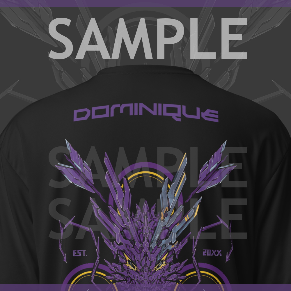 A sample of the back of an athletic shirt with a purple mechanized dragon head with a target and arrows behind it, the text says "XENEDRAGON EST. 20XX" The text above says "SAMPLE" and the example name on the shirt says "DOMINIQUE" in purple color