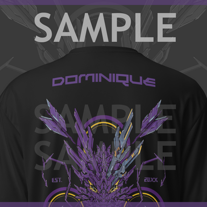 A sample of the back of an athletic shirt with a purple mechanized dragon head with a target and arrows behind it, the text says "XENEDRAGON EST. 20XX" The text above says "SAMPLE" and the example name on the shirt says "DOMINIQUE" in purple color