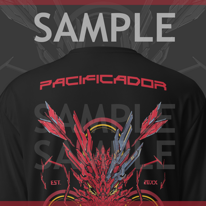 A sample of the back of an athletic shirt with a red mechanized dragon head with a target and arrows behind it, the text says "XENEDRAGON EST. 20XX" The text above says "SAMPLE" and the example name on the shirt says "PACIFICADOR" in red color