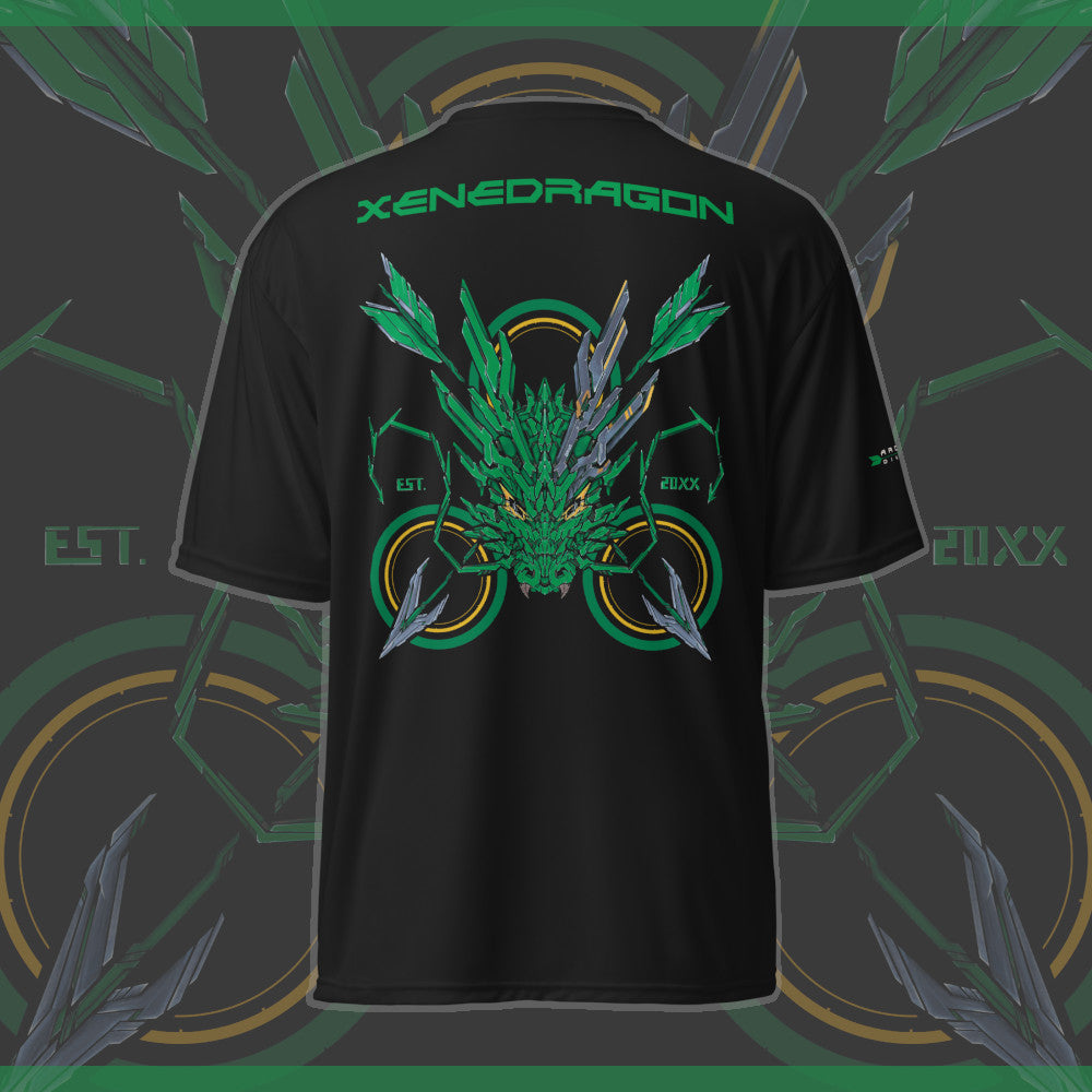 The back of an athletic shirt with a green themed mechanized dragon head with a target and arrows behind it, the text says "XENEDRAGON EST. 20XX"