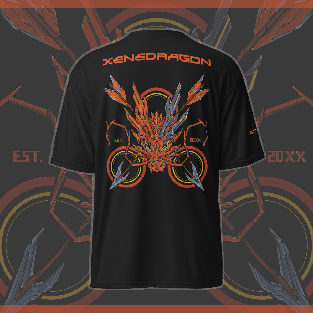 The back of an athletic shirt with an orange themed mechanized dragon head with a target and arrows behind it, the text says "XENEDRAGON EST. 20XX"