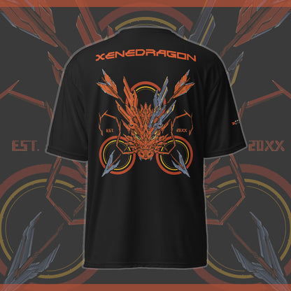 The back of an athletic shirt with an orange themed mechanized dragon head with a target and arrows behind it, the text says "XENEDRAGON EST. 20XX"