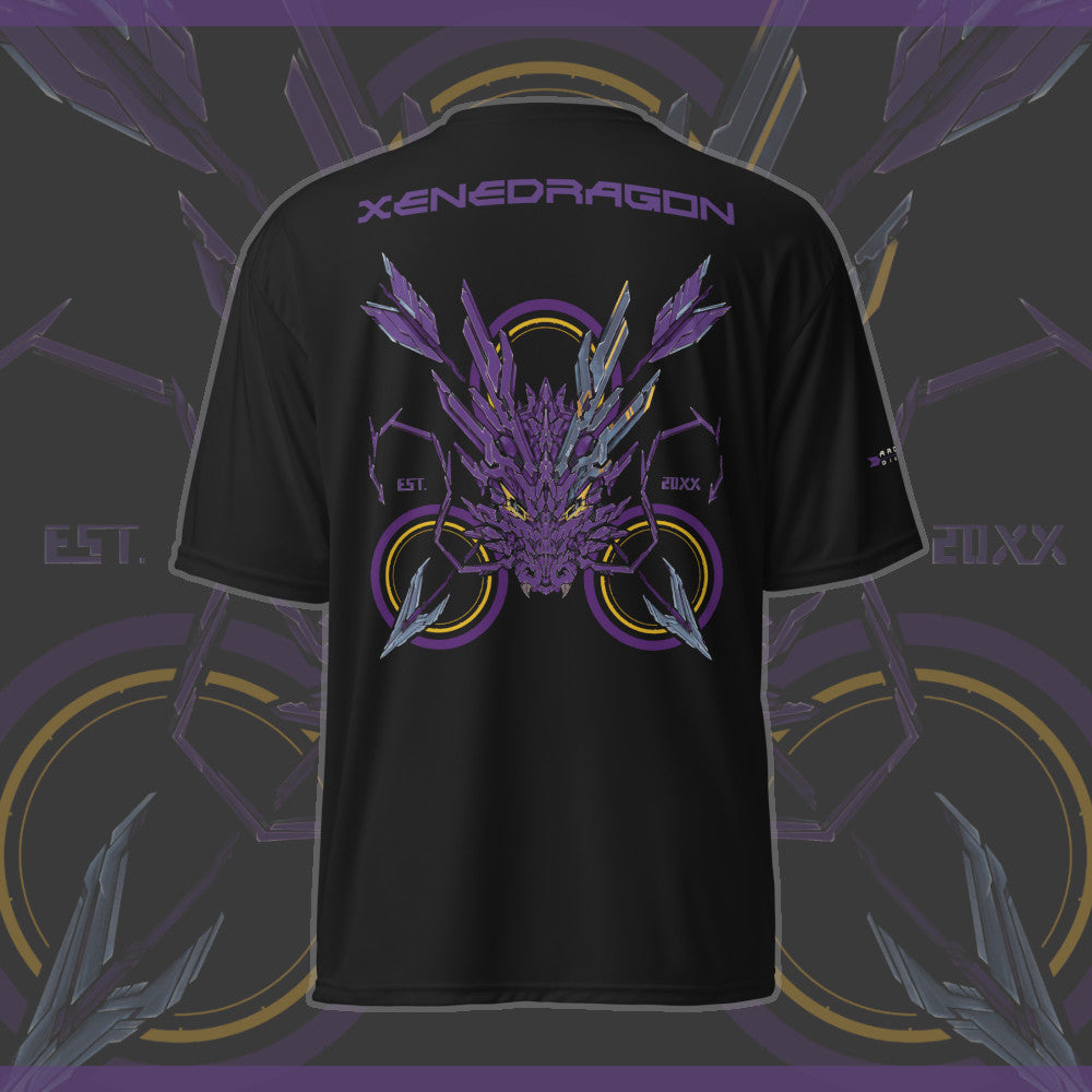 The back of an athletic shirt with a purple themed mechanized dragon head with a target and arrows behind it, the text says XENEDRAGON. EST. 20XX