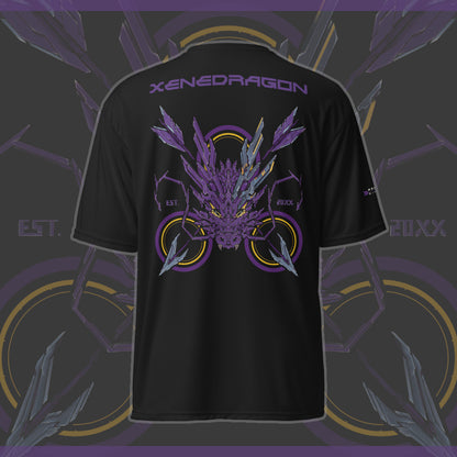 The back of an athletic shirt with a purple themed mechanized dragon head with a target and arrows behind it, the text says XENEDRAGON. EST. 20XX