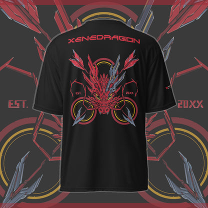 The back of an athletic shirt with an red themed mechanized dragon head with a target and arrows behind it, the text says "XENEDRAGON EST. 20XX"