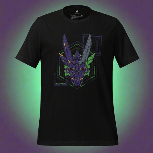 A black tshirt with a detailed design in the front. The design features a stylized dragon head in shades of green and purple. Designed by XeneDragon.