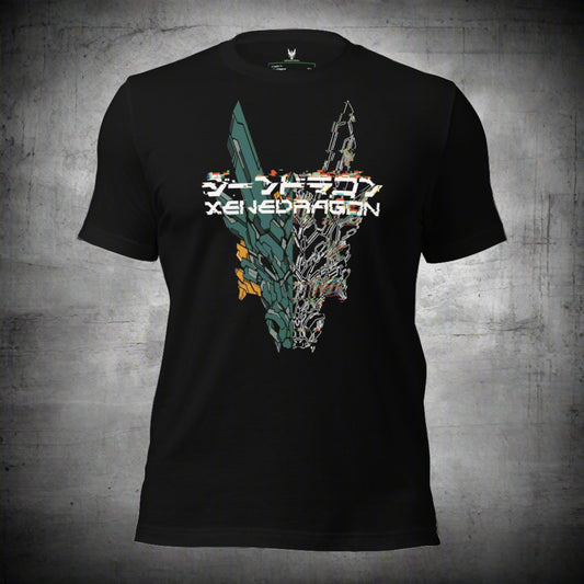 a black t shirt with a green and white detailed design in XeneDragon's Glitched-Out style. Featuring a mecha dragon with Japanese text and text says "XeneDragon."
