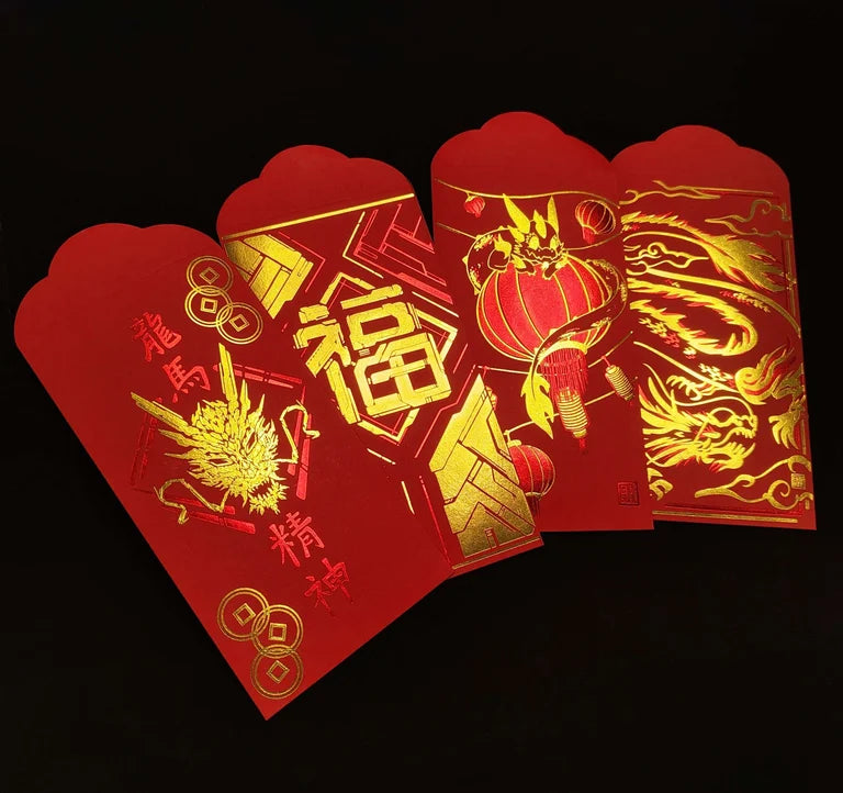 Four red envelopes with gold and red foil detailing. The envelopes have Chinese characters and dragon designs all designed by XeneDragon