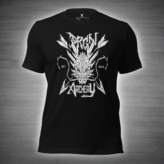 A black t-shirt with a white graphic design. The design features a stylized dragon head with arrows crossing through it, and the words "DRGN ARCHERY" and "EST. 20XX" written in a bold, stylized font.