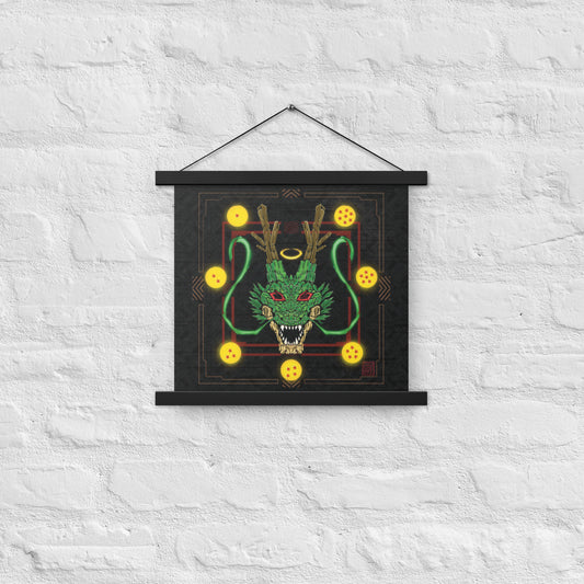 A poster featuring a detailed digital illustration of a green powerful dragon head with 7 glowing golden spheres with red stars designs in XeneDragon's signature art style. 