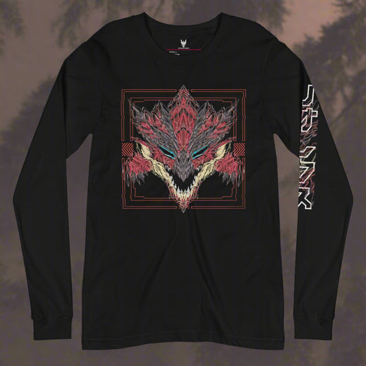 A black long-sleeve shirt with the right sleeve showing red geometric designs and Japanese text that says "リオレウス"