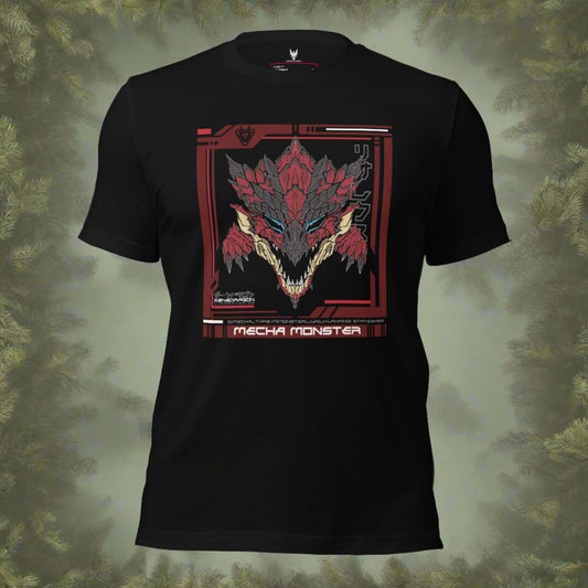 A black t-shirt with a graphic design featuring a stylized dragon head in shades of red and orange. The Japanese text "リオレウス" is written in the design. The words "MECHA MONSTER" are printed below the image.