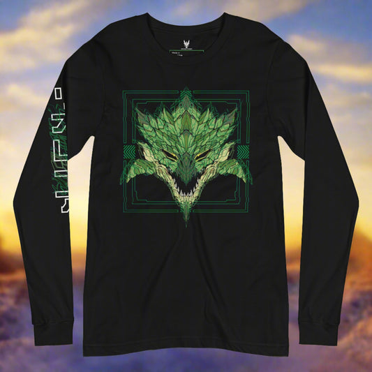 A black long-sleeve shirt with a detailed design of a stylized monster's head. The design features green themes with yellow blue eyes. Also darker greens for the scales and horns. Designed by XeneDragon.