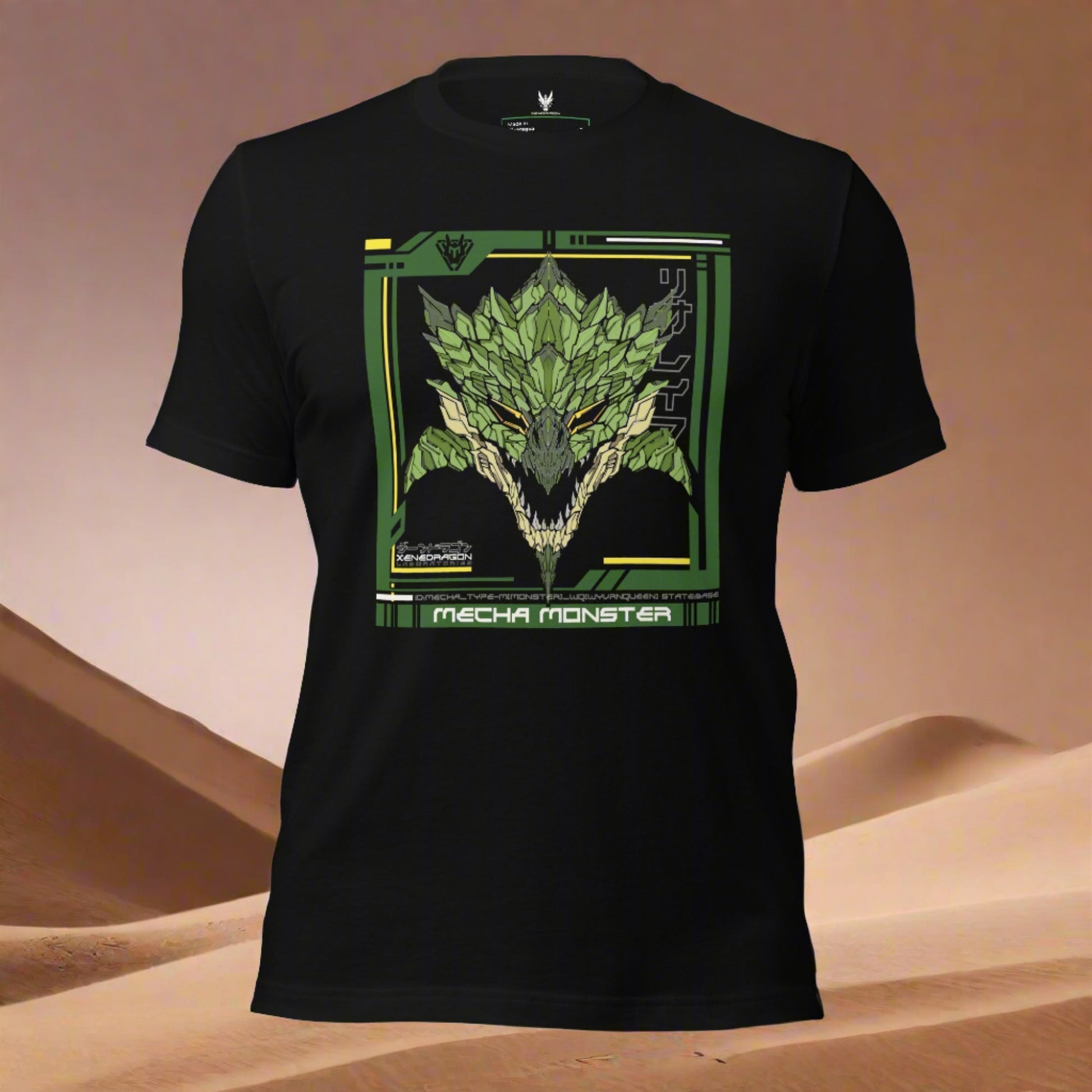 A black t-shirt with a graphic design featuring a stylized dragon head in shades of green and yellow. The Japanese text "リオレイア" is written in the design. The words "MECHA MONSTER" are printed below the image.