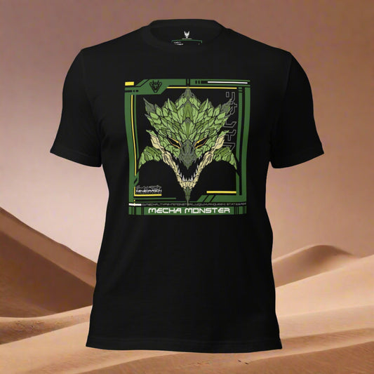 A black t-shirt with a graphic design featuring a stylized dragon head in shades of green and yellow. The Japanese text "リオレイア" is written in the design. The words "MECHA MONSTER" are printed below the image.